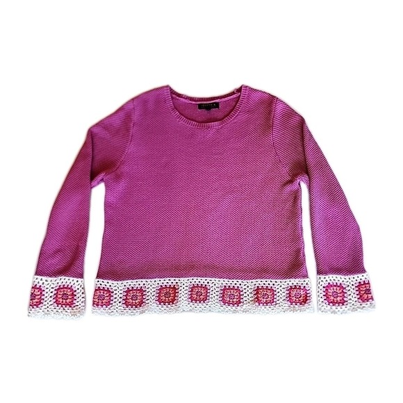VTG 80s 90s Joseph A Granny Square Crochet Pullover Sweater Sz XL Pink Boxy Boho - Picture 2 of 9